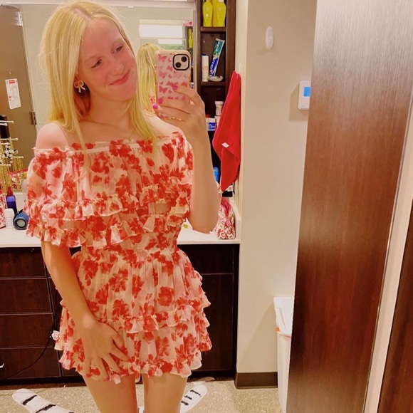 Misa Los Angeles Pink Floral Off the Shoulder Dress - Picture 1 of 6